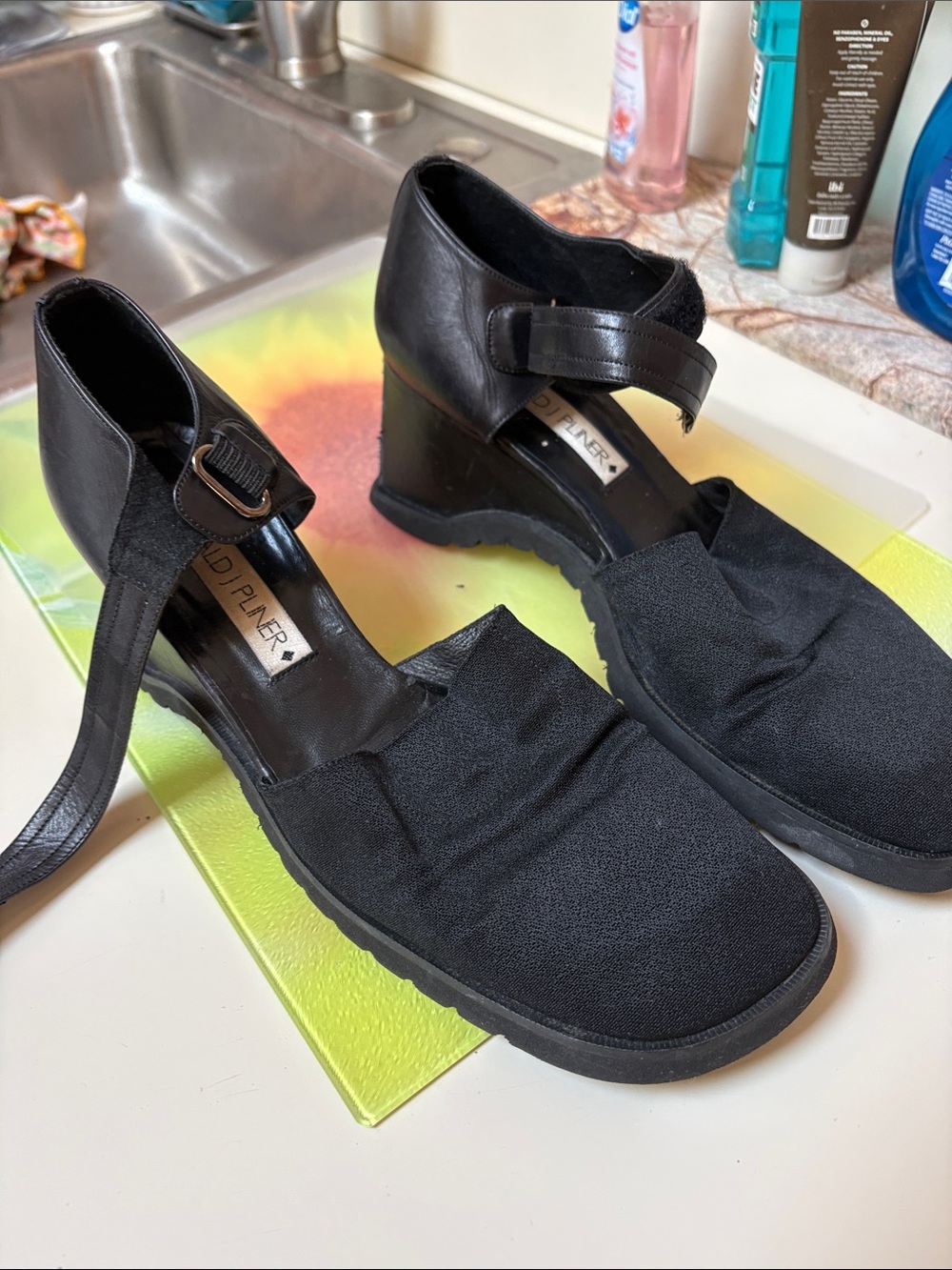 Donald J. Pliner Black Wedge Ankle Strap Heeled Boots